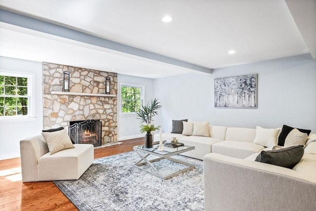 20 Stagecoach Rd, Topsfield, MA 01983 - living room with wood finished floors, a fireplace, baseboards, and recessed lighting