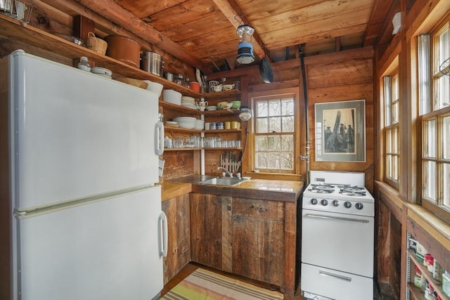 176 Middle Point Rd, West Tisbury, MA 02575 - kitchen featuring white appliances, wood ceiling, open shelves, plenty of natural light, and a sink