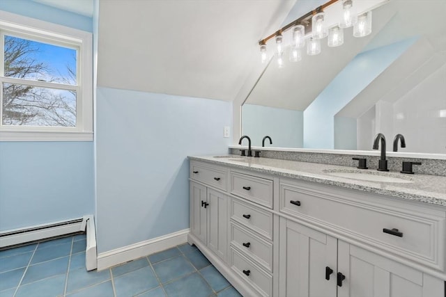 full bathroom featuring a sink, tile patterned floors, a baseboard radiator, and double vanity