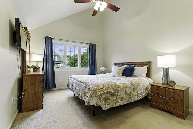 14 Weybridge Ln Unit 14, Hopkinton, MA 01748 - bedroom with light carpet, high vaulted ceiling, baseboards, and ceiling fan