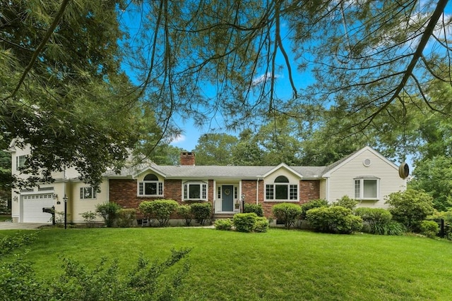 1 Fox Hunt Ln, Winchester, MA 01890 - single story home featuring a front lawn, a chimney, brick siding, and driveway