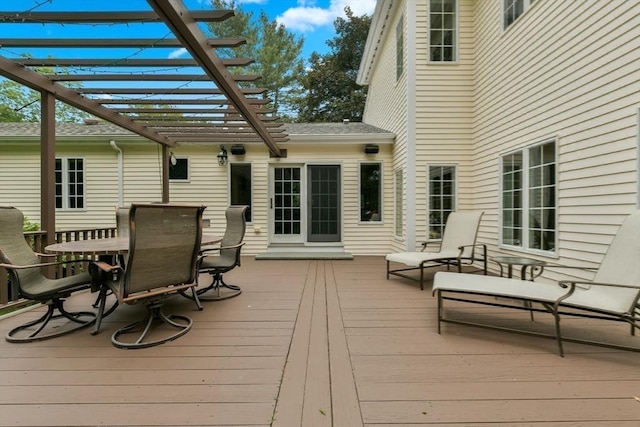 1 Fox Hunt Ln, Winchester, MA 01890 - wooden terrace featuring a pergola and outdoor dining space