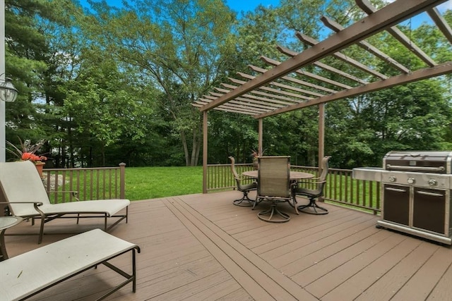 1 Fox Hunt Ln, Winchester, MA 01890 - deck featuring a pergola, view of wooded area, and a yard