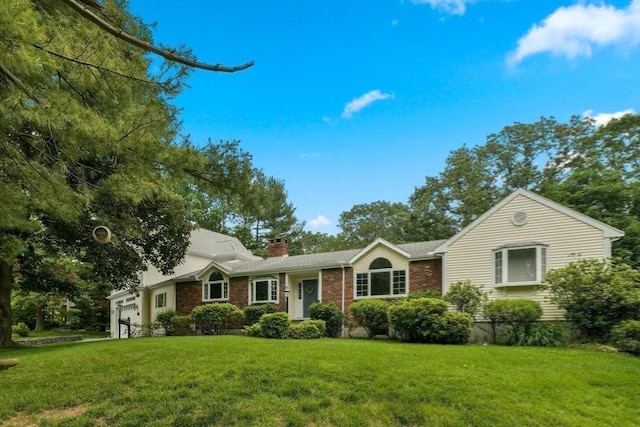 1 Fox Hunt Ln, Winchester, MA 01890 - single story home with a front lawn, brick siding, and a chimney