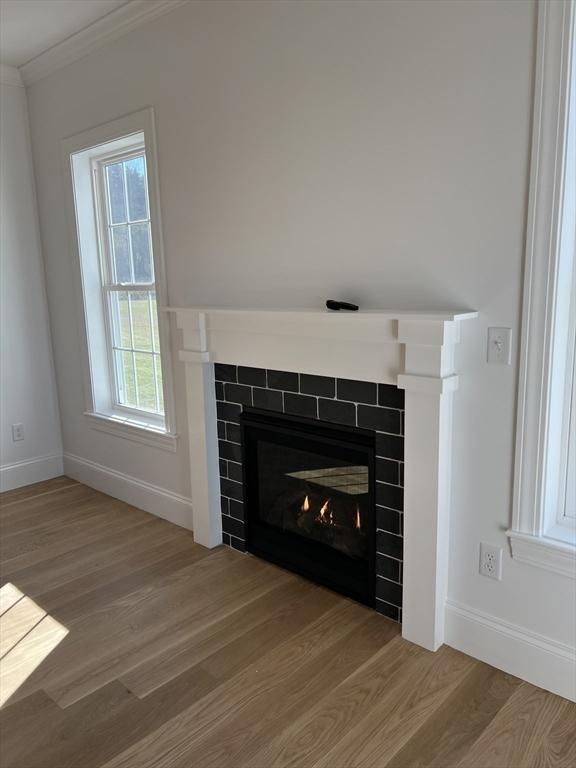 16 Clearview St, Grafton, MA 01536 - detailed view of wood finished floors, a tile fireplace, ornamental molding, and baseboards