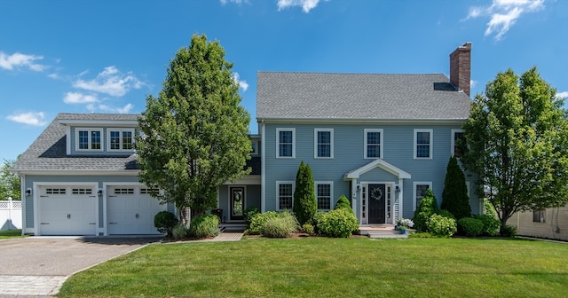 colonial home with a garage and a front yard