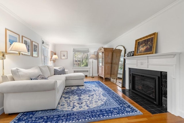 living room with crown molding, a fireplace with flush hearth, radiator heating unit, and wood finished floors