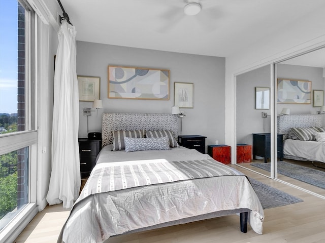 bedroom featuring ceiling fan, a closet, light hardwood / wood-style floors, and multiple windows