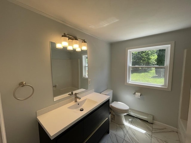 full bath featuring baseboards, toilet, baseboard heating, marble finish floor, and vanity