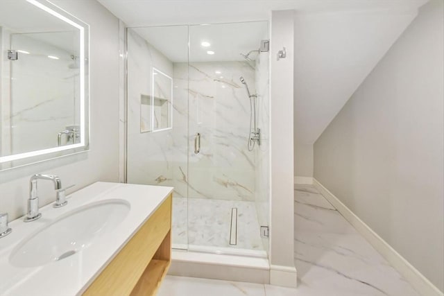 bathroom with marble look tile flooring, a marble finish shower, baseboards, vanity, and recessed lighting