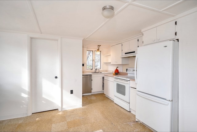 kitchen with sink, white cabinets, and white appliances