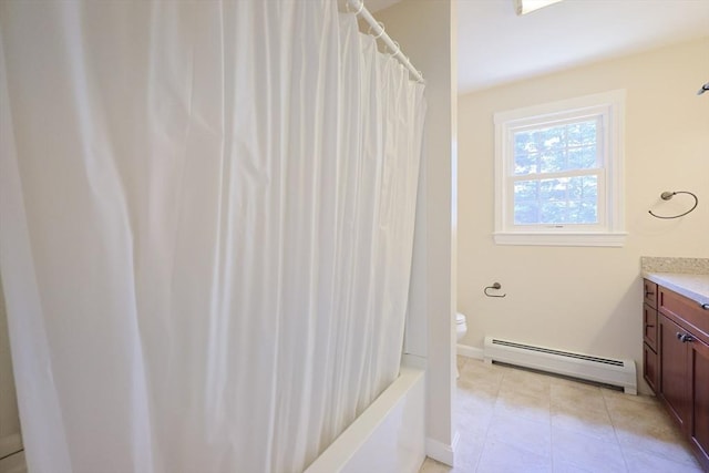 68 Dresser Hill Number 2 Rd, Dudley, MA 01571 - full bath with a baseboard radiator, vanity, tile patterned flooring, and shower / bath combo with shower curtain
