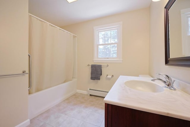 68 Dresser Hill Number 2 Rd, Dudley, MA 01571 - full bathroom featuring a baseboard heating unit, vanity, tile patterned flooring, and shower / bath combo with shower curtain