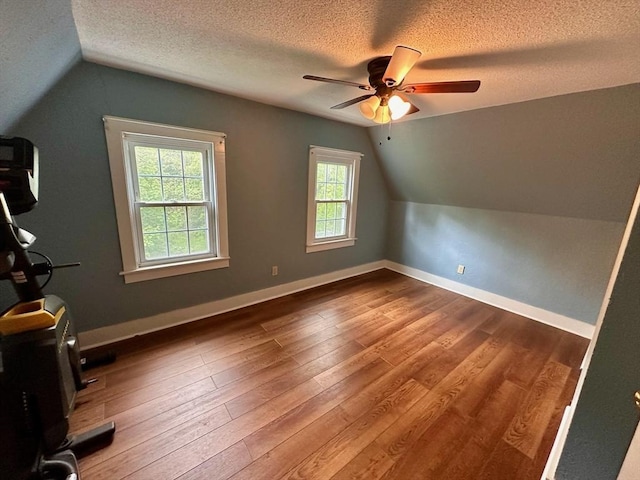 17 Walnut St, Gill, MA 01354 - additional living space featuring vaulted ceiling, a textured ceiling, a ceiling fan, wood finished floors, and baseboards