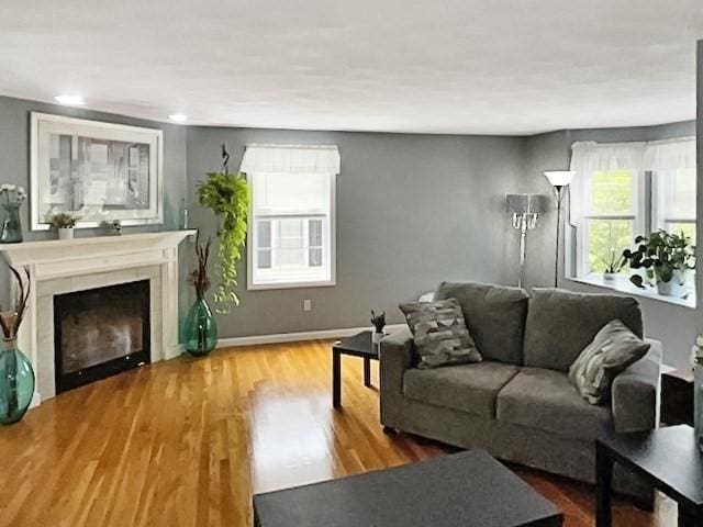 21 Parlee St, Salem, MA 01970 - living area with wood finished floors, a fireplace, and recessed lighting