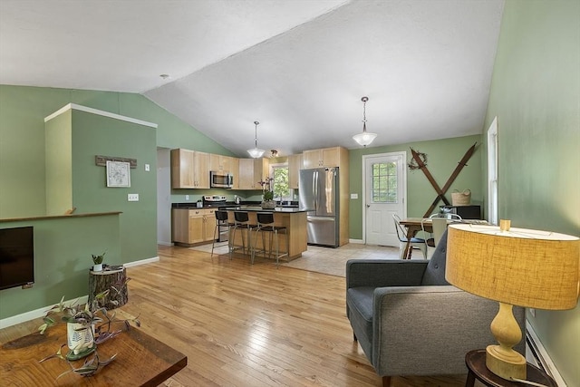 525 Flat Hill Rd, Lunenburg, MA 01462 - living area featuring vaulted ceiling, light wood finished floors, and baseboards