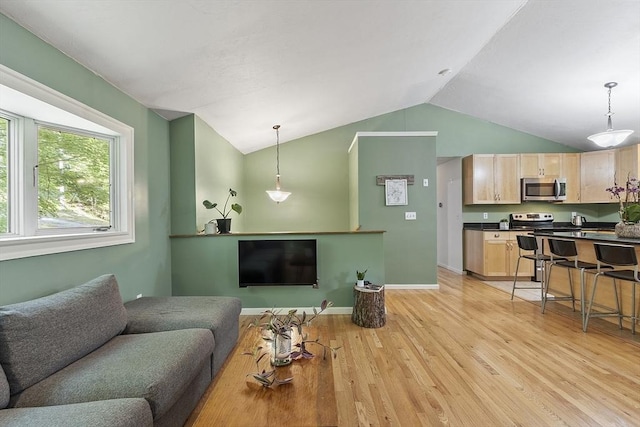 525 Flat Hill Rd, Lunenburg, MA 01462 - living area featuring vaulted ceiling, light wood finished floors, and baseboards
