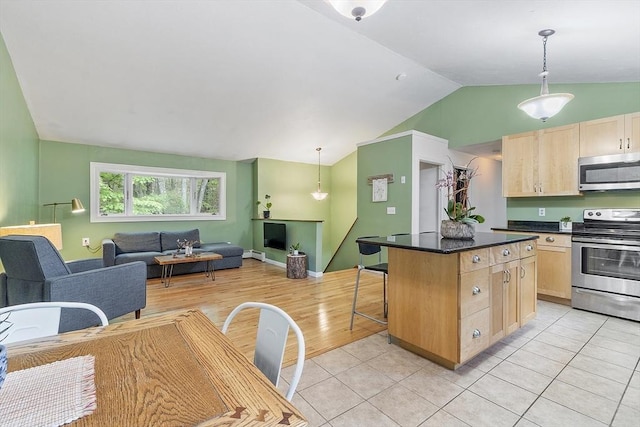 525 Flat Hill Rd, Lunenburg, MA 01462 - kitchen with stainless steel appliances, light brown cabinets, vaulted ceiling, open floor plan, and dark countertops
