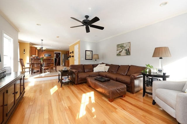 living room featuring ornamental molding, ceiling fan with notable chandelier, and light hardwood / wood-style flooring