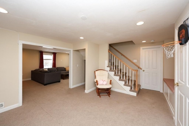 interior space featuring light colored carpet