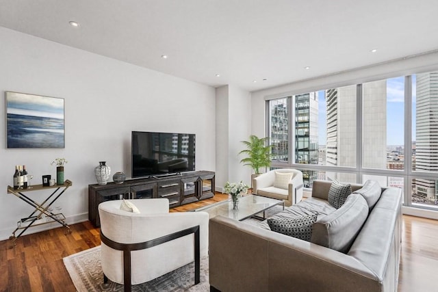 living room with hardwood / wood-style flooring and expansive windows