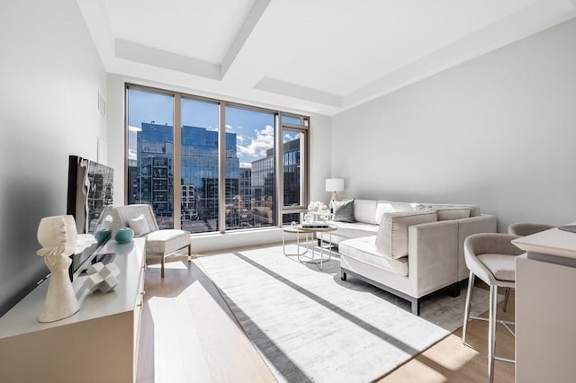 living room featuring hardwood / wood-style flooring, a raised ceiling, a wall of windows, and a wealth of natural light