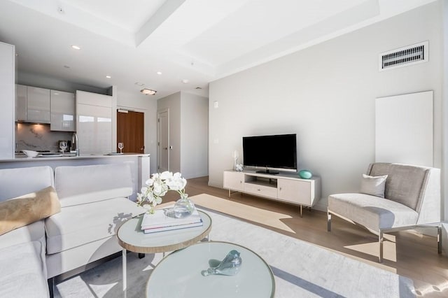 living room with light wood-type flooring and sink