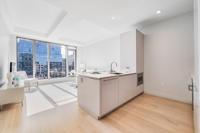 kitchen with expansive windows, sink, white cabinetry, light hardwood / wood-style floors, and kitchen peninsula