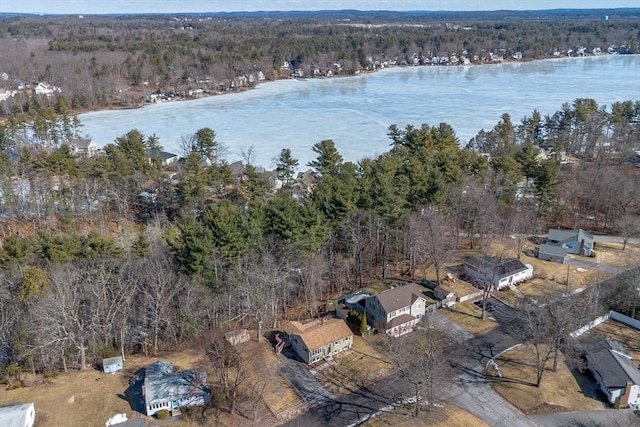 bird's eye view with a wooded view and a water view