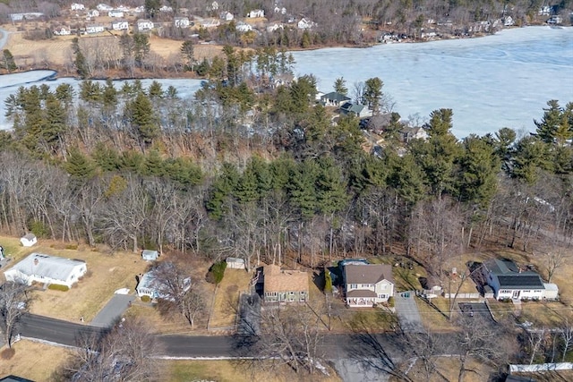 bird's eye view with a view of trees and a water view