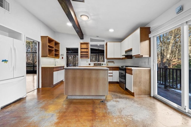 kitchen with visible vents, white refrigerator, under cabinet range hood, stainless steel range with gas stovetop, and open shelves