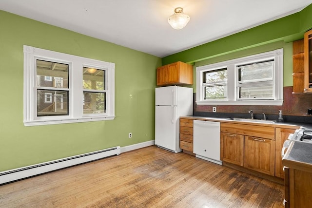 27 Chilcott Pl Unit 2, Boston, MA 02130 - kitchen featuring white appliances, a baseboard heating unit, a sink, light wood-style floors, and brown cabinets