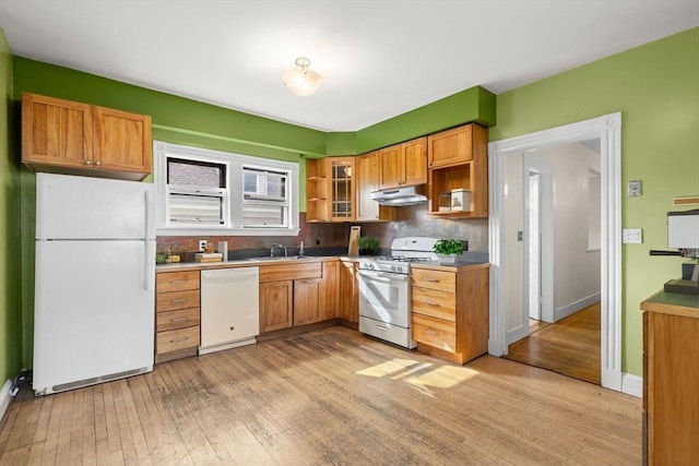 27 Chilcott Pl Unit 2, Boston, MA 02130 - kitchen featuring white appliances, under cabinet range hood, light wood-type flooring, a sink, and glass insert cabinets