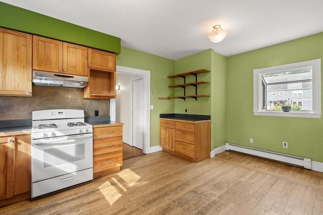27 Chilcott Pl Unit 2, Boston, MA 02130 - kitchen featuring white range with gas stovetop, under cabinet range hood, a baseboard heating unit, light wood finished floors, and open shelves