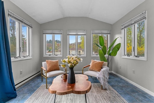122 Baldwin Ave, Framingham, MA 01701 - sitting room with baseboards, tile patterned floors, a baseboard heating unit, and vaulted ceiling