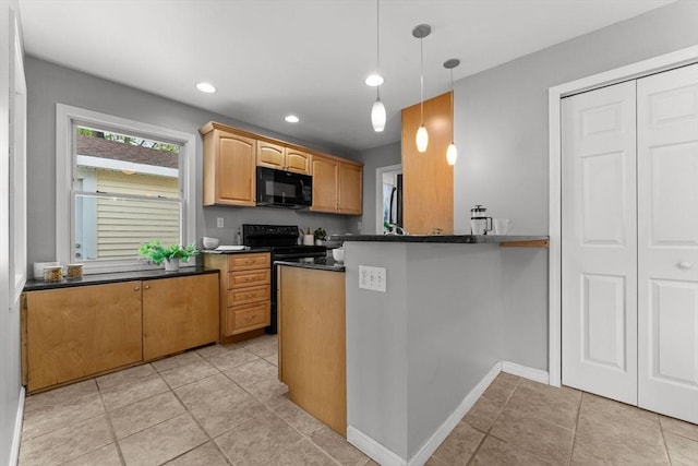 122 Baldwin Ave, Framingham, MA 01701 - kitchen featuring black microwave, dark countertops, electric range oven, pendant lighting, and light tile patterned floors