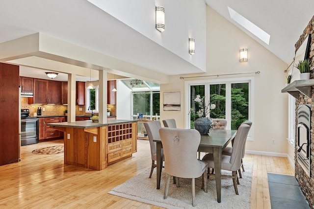 12 Green Needles Rd, Littleton, MA 01460 - dining space with a fireplace with flush hearth, a skylight, light wood-style floors, and high vaulted ceiling