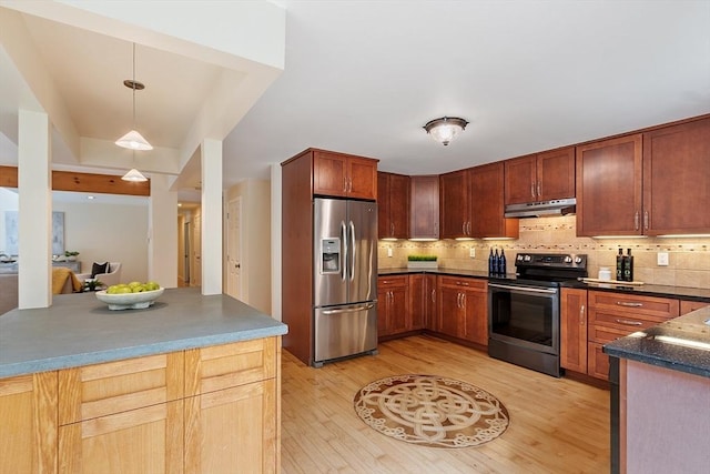 12 Green Needles Rd, Littleton, MA 01460 - kitchen featuring appliances with stainless steel finishes, under cabinet range hood, light wood-style flooring, and tasteful backsplash