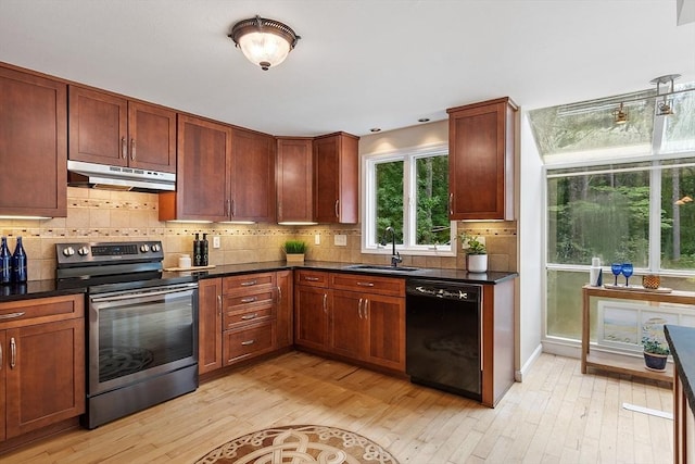 12 Green Needles Rd, Littleton, MA 01460 - kitchen featuring dishwasher, stainless steel range with electric cooktop, under cabinet range hood, light wood-type flooring, and dark countertops