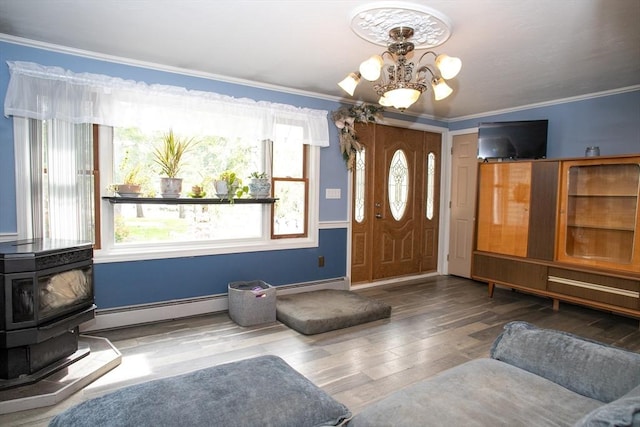 entrance foyer with a baseboard radiator, a wood stove, a chandelier, wood finished floors, and ornamental molding