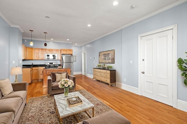 living room with light hardwood / wood-style floors and crown molding