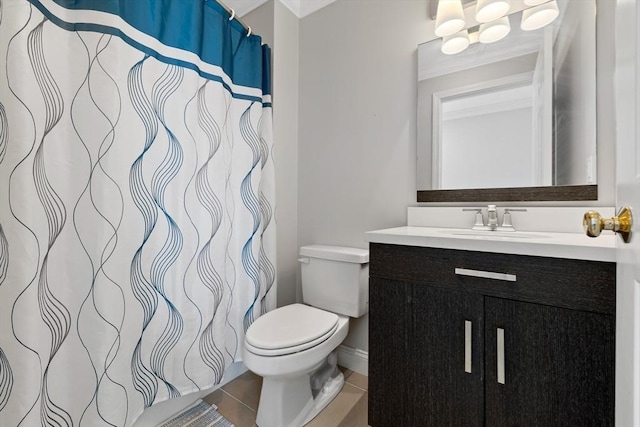 bathroom with vanity, tile patterned flooring, toilet, and a shower with shower curtain
