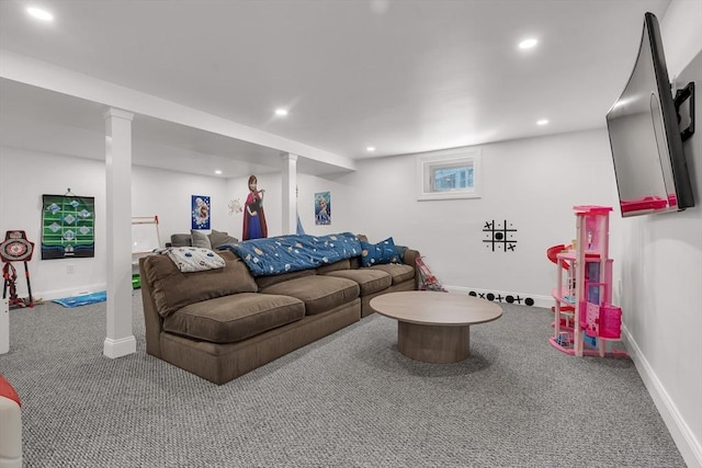 carpeted living area with baseboards and recessed lighting