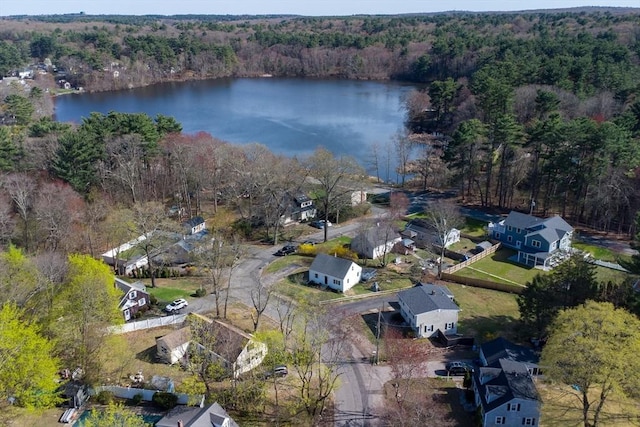 birds eye view of property featuring a water view, a view of trees, and a residential view