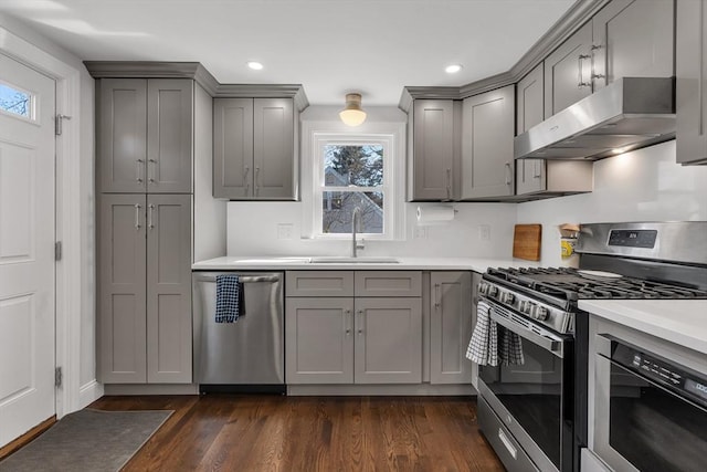 kitchen with a healthy amount of sunlight, gray cabinets, under cabinet range hood, a sink, and appliances with stainless steel finishes