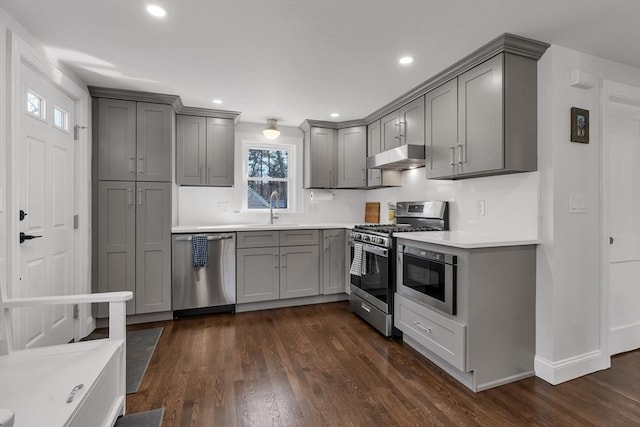 kitchen with dark wood-style flooring, a sink, gray cabinets, stainless steel appliances, and under cabinet range hood