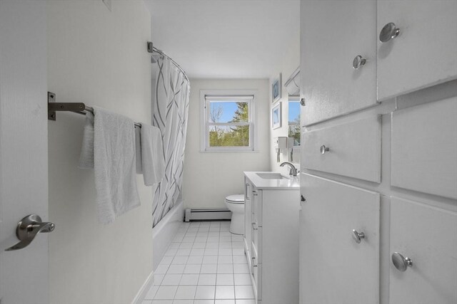 bathroom featuring shower / bath combo, vanity, toilet, tile patterned floors, and a baseboard heating unit