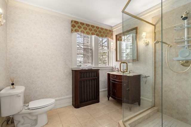 bathroom with tile patterned floors, toilet, vanity, walk in shower, and crown molding