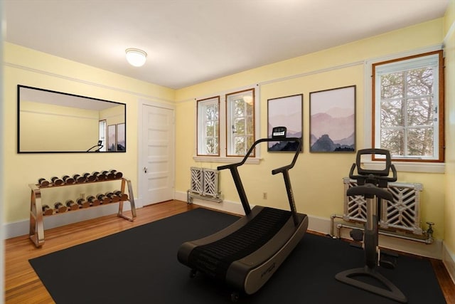 workout room with wood-type flooring