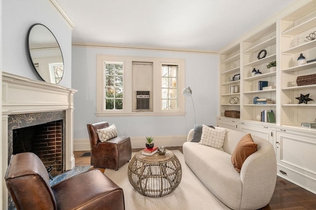 living area featuring dark hardwood / wood-style floors and a premium fireplace